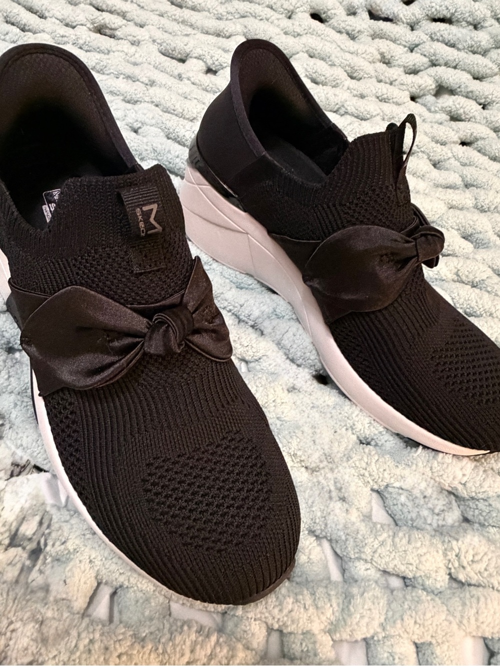 Skechers Mark Nason A-Wedge Black with Satin Bow & White Sole Sz 7